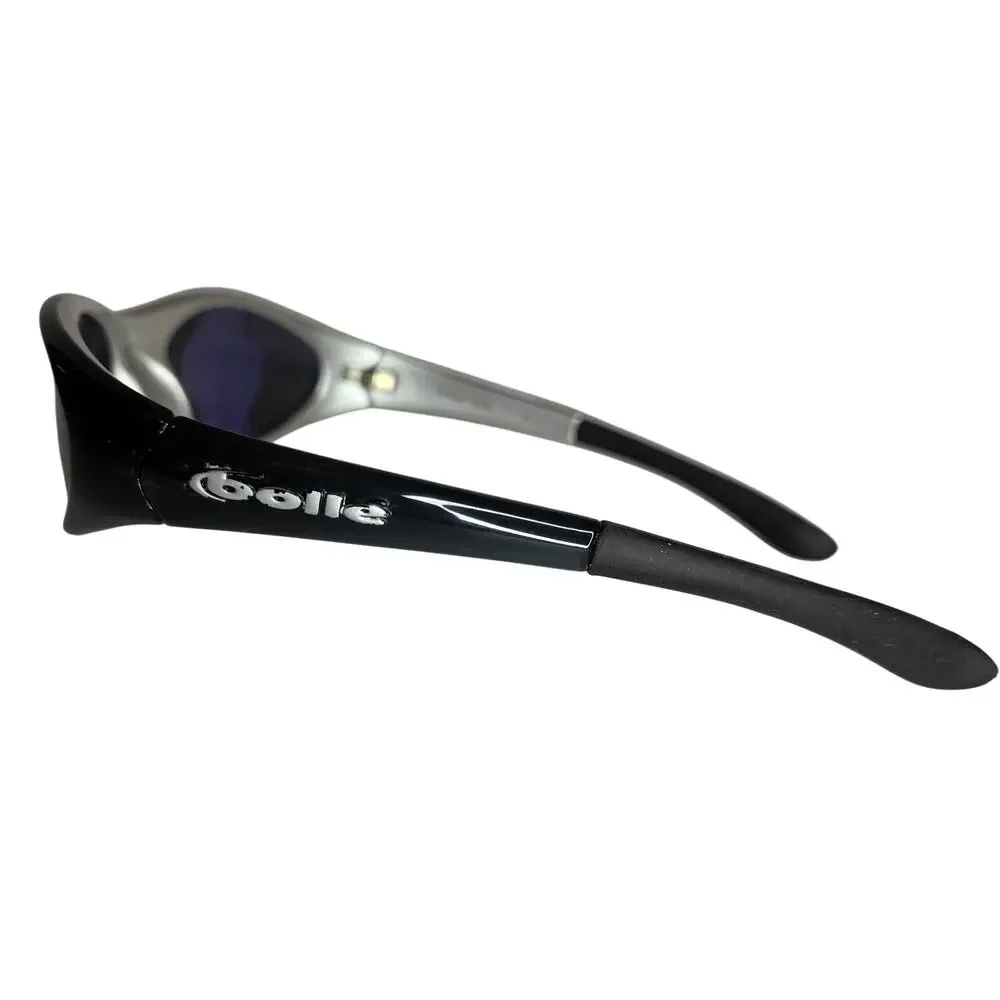 Vintage Bollé Swisher 10236 Polarized Sunglasses Black Silver Wrap Sport Y2K